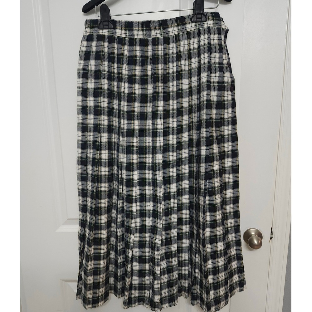 Vintage Lloyd New York Plaid Pleated Midi Skirt Navy White Green Size 12 USA - Picture 2 of 7
